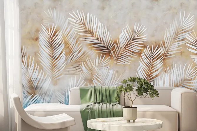 Fototapeta: Liście palm na niebiesko-brązowym tle