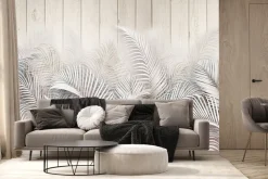 Fototapeta: Liście palm na drewnianych deskach