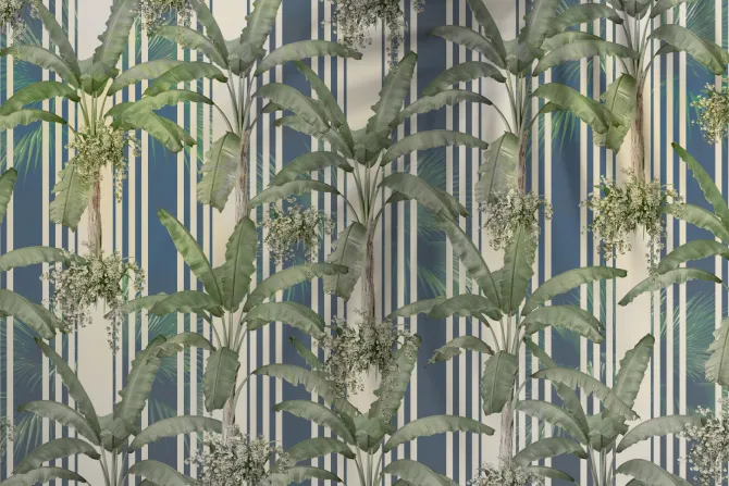 Fototapeta: Liście palm na tle niebieskich pasków