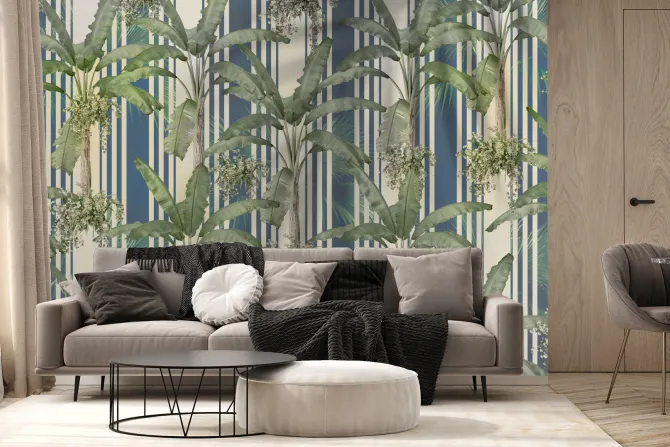 Fototapeta: Liście palm na tle niebieskich pasków