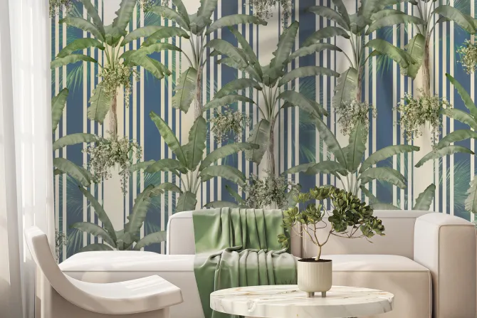 Fototapeta: Liście palm na tle niebieskich pasków