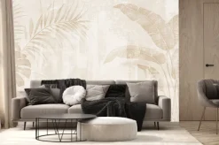 Fototapeta: Liście palmowe na jasnym muralu