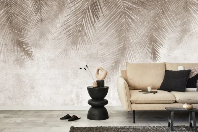 Fototapeta: Liście palmy zwisające z góry w odcieniach brązu