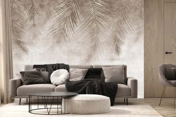 Fototapeta: Liście palmy zwisające z góry w odcieniach brązu