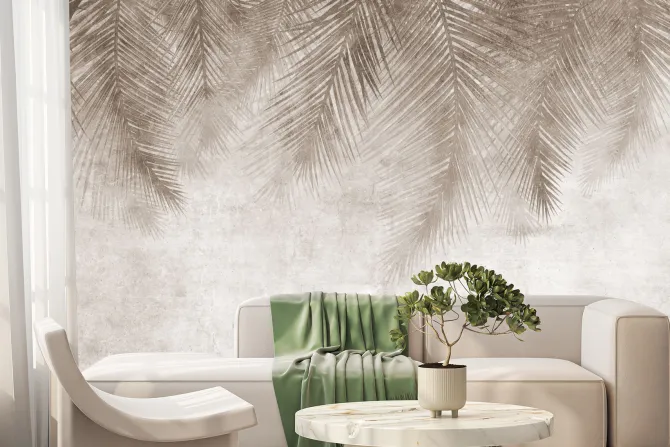 Fototapeta: Liście palmy zwisające z góry w odcieniach brązu