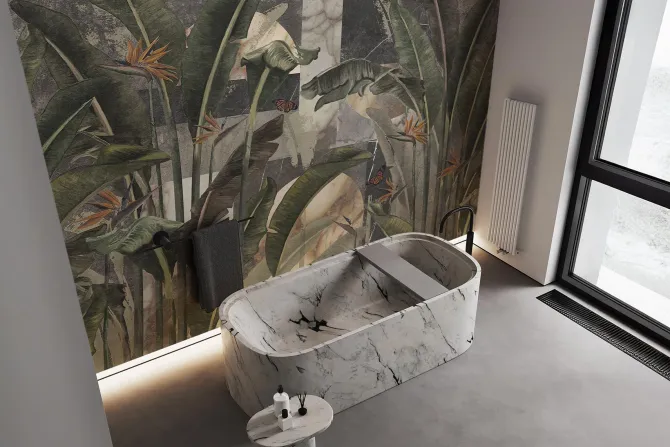 Fototapeta: Liście strelicji i motyle tropikalny botaniczny wzór