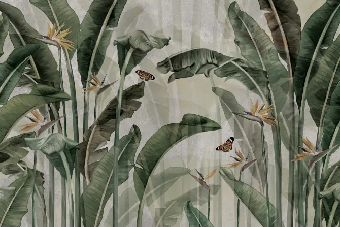 Fototapeta: Liście strelicji i motyle tropikalny botaniczny wzór