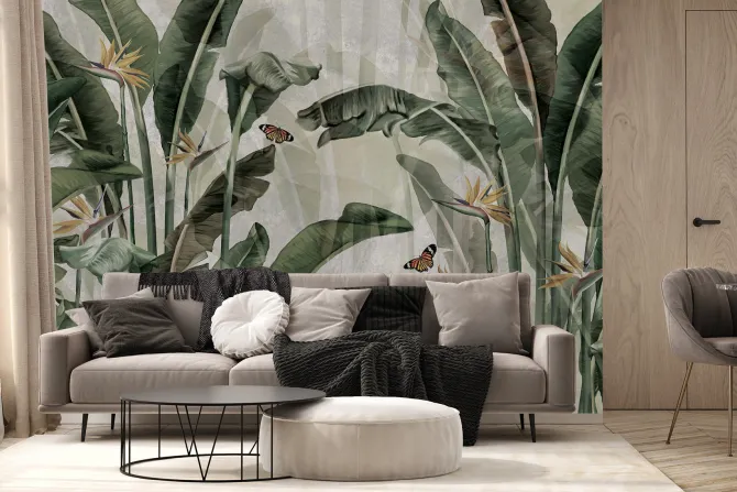 Fototapeta: Liście strelicji i motyle tropikalny botaniczny wzór