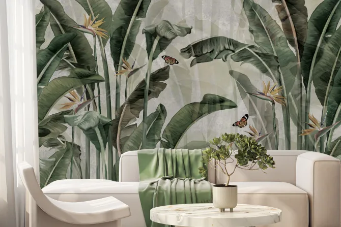 Fototapeta: Liście strelicji i motyle tropikalny botaniczny wzór