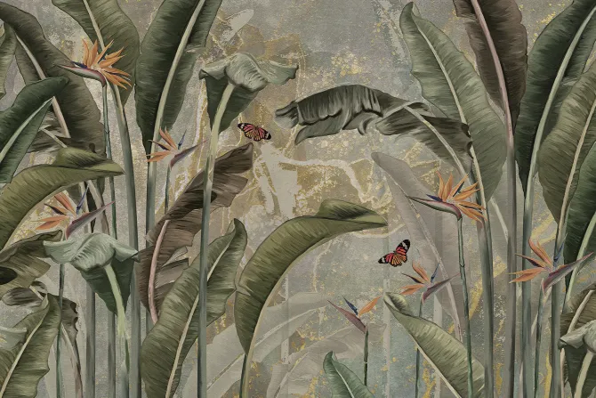 Fototapeta: Liście strelicji i motyle tropikalny botaniczny wzór