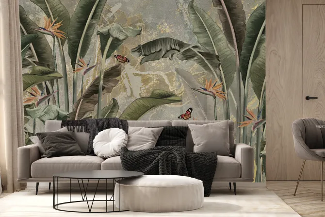 Fototapeta: Liście strelicji i motyle tropikalny botaniczny wzór