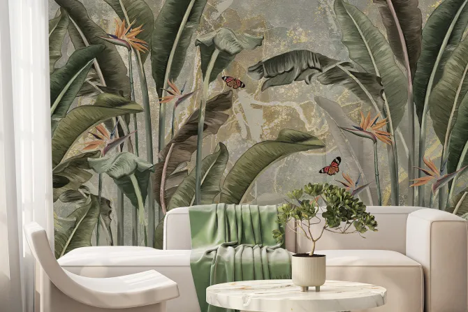 Fototapeta: Liście strelicji i motyle tropikalny botaniczny wzór