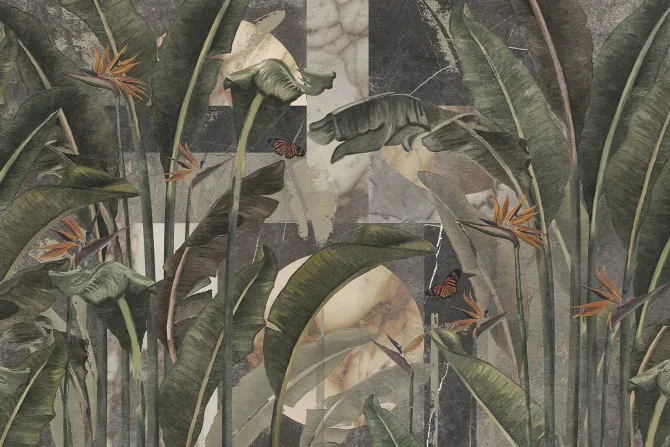 Fototapeta: Liście strelicji i motyle tropikalny botaniczny wzór