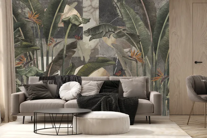 Fototapeta: Liście strelicji i motyle tropikalny botaniczny wzór