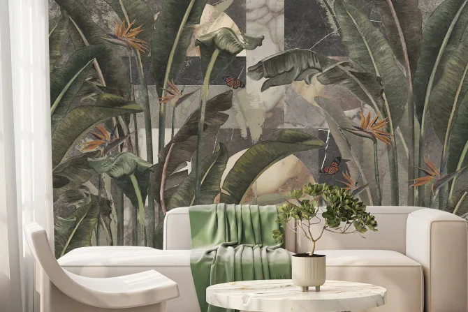 Fototapeta: Liście strelicji i motyle tropikalny botaniczny wzór