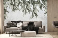 Fototapeta: Liście zwisające z góry na tle betonu