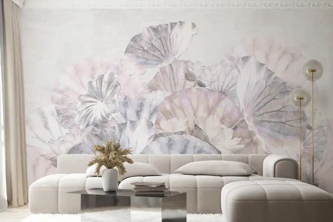 Fototapeta: Lilie wodne i liście w pastelowych barwach