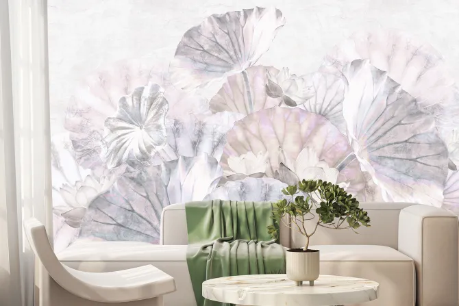 Fototapeta: Lilie wodne i liście w pastelowych barwach