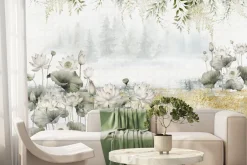 Fototapeta: Lilie wodne i zielone liście mural w nowoczesnym stylu