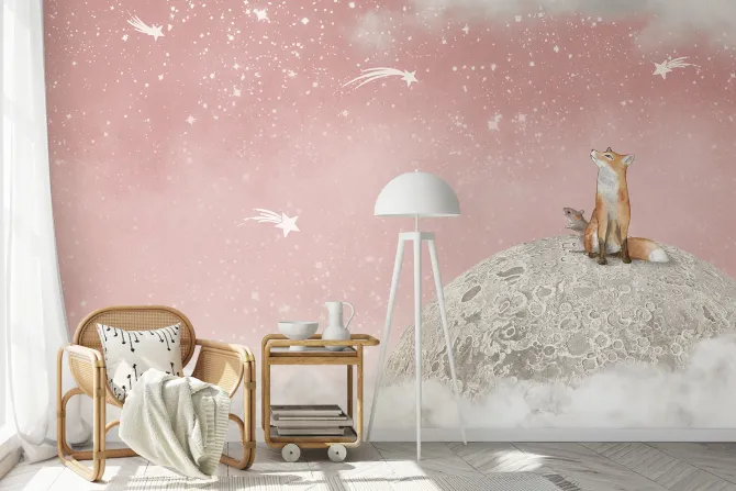 Fototapeta: Lis i myszka na księżycu różowe niebo z gwiazdami bajkowy motyw