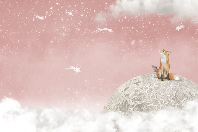 Fototapeta: Lis i myszka na księżycu różowe niebo z gwiazdami bajkowy motyw
