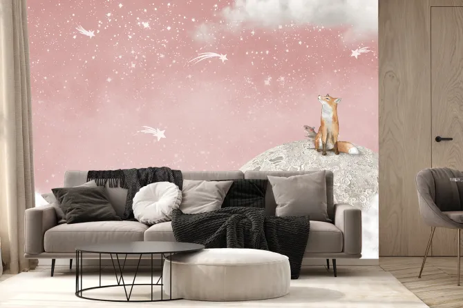 Fototapeta: Lis i myszka na księżycu różowe niebo z gwiazdami bajkowy motyw