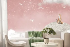 Fototapeta: Lis i myszka na księżycu różowe niebo z gwiazdami bajkowy motyw