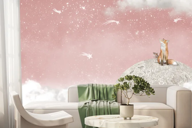 Fototapeta: Lis i myszka na księżycu różowe niebo z gwiazdami bajkowy motyw
