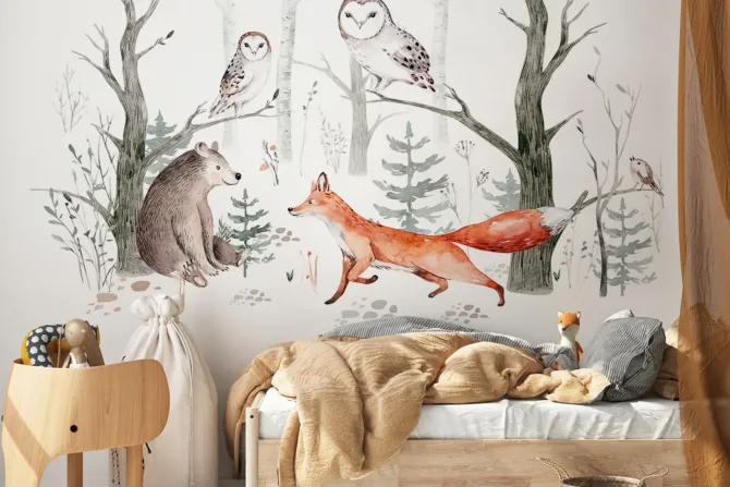 Fototapeta: Lis niedźwiadek i sowy w akwarelowym lesie