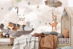 Fototapeta: Lis z żyrafą i słoniem na parasolu w chmurach