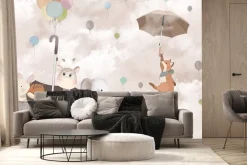 Fototapeta: Lis z żyrafą i słoniem na parasolu w chmurach