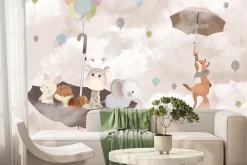 Fototapeta: Lis z żyrafą i słoniem na parasolu w chmurach