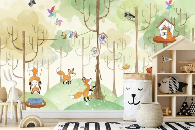 Fototapeta: Lisy bawiące się w lesie z wzgórzami