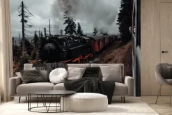 Fototapeta: Lokomotywa na torach wśród lasu