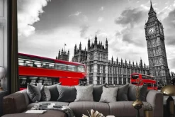 Fototapeta: Londyńskie ulice z czerwonymi autobusami w czerni i bieli