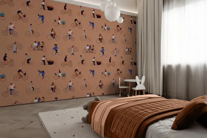 Fototapeta: Ludzie jadący rowerami na pomarańczowym tle