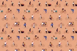 Fototapeta: Ludzie jadący rowerami na pomarańczowym tle