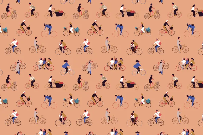 Fototapeta: Ludzie jadący rowerami na pomarańczowym tle