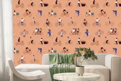 Fototapeta: Ludzie jadący rowerami na pomarańczowym tle