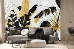 Fototapeta: Luxury gold and black tropical plant background vector. floral