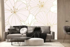 Fototapeta: Luxury golden wild flower line art background vector. natural