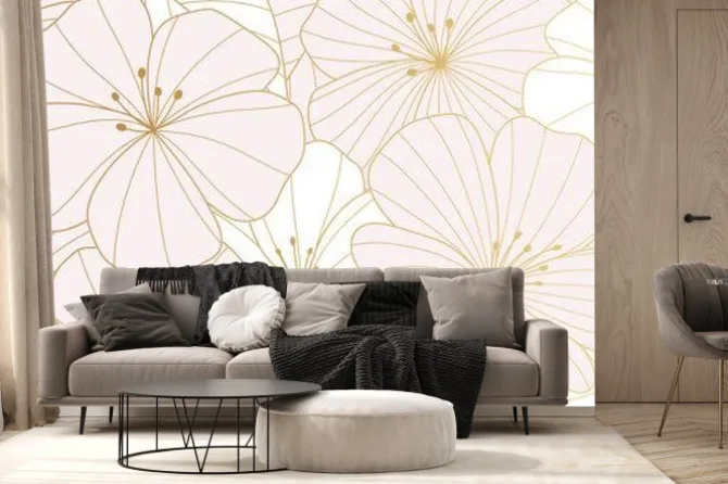 Fototapeta: Luxury golden wild flower line art background vector. natural