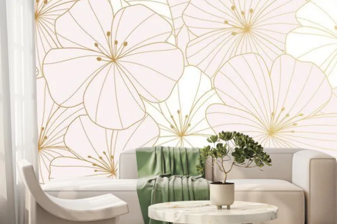 Fototapeta: Luxury golden wild flower line art background vector. natural