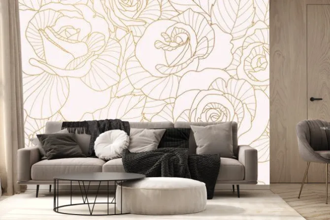 Fototapeta: Luxury golden rose flower line art background vector. natural
