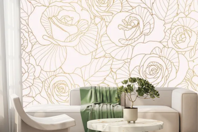Fototapeta: Luxury golden rose flower line art background vector. natural