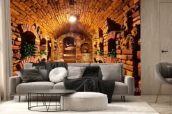 Fototapeta: Mała piwnica z butelkami i beczkami