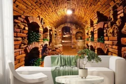 Fototapeta: Mała piwnica z butelkami i beczkami