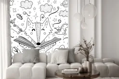 Fototapeta: Magic in the books coloring page with cute wolf. black and white