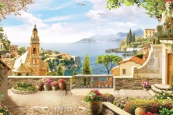 Fototapeta: Magiczny krajobraz z kościołem na tle morza i gór