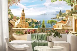 Fototapeta: Magiczny krajobraz z kościołem na tle morza i gór